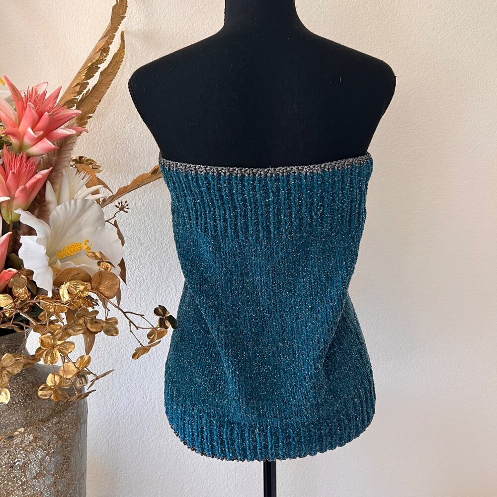 Y2K Glitter Knit Teal Aqua Blue and Silver Fitted Tube Top / Mini Skirt One Size - Picture 2 of 7